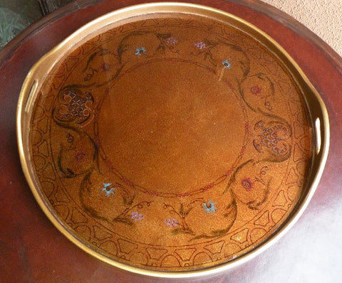 Round Reverse Painted Glass Tray - Burnt Gold