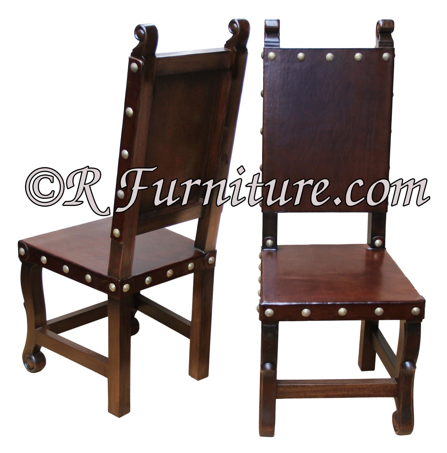 spanish revival chair, italian revival chair - Spanish Colonial style leather side chair with a chestnut finish, upholstered in brown leather.