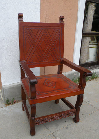 hand tooled leather spanish colonial armchair in Nazca design
