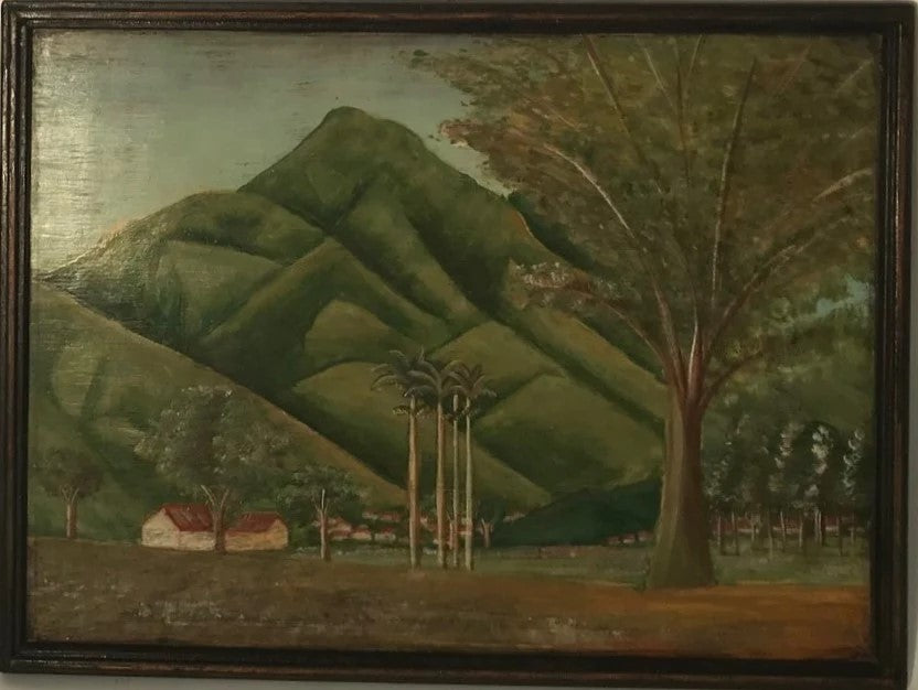 Peruvian scenery with houses and palm trees. Hand painted on wooden panel. 16"W x 12"H Made in Peru
