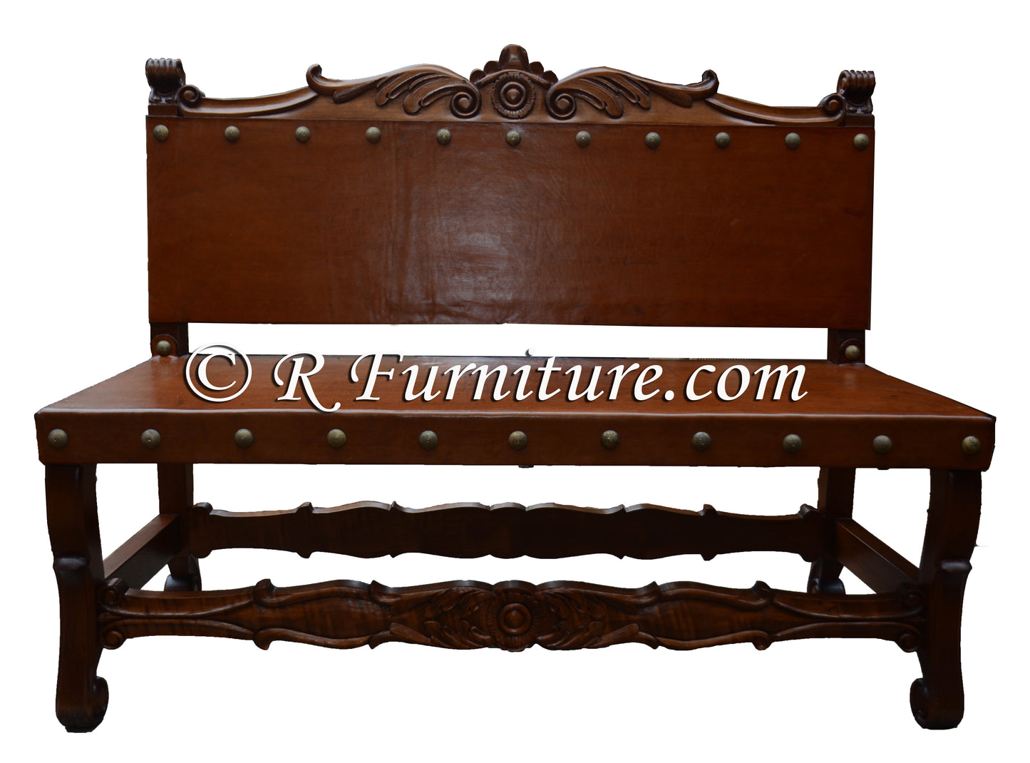 Leather bench with hand carved details. Mediterranean style bench, old world Tuscan bench.