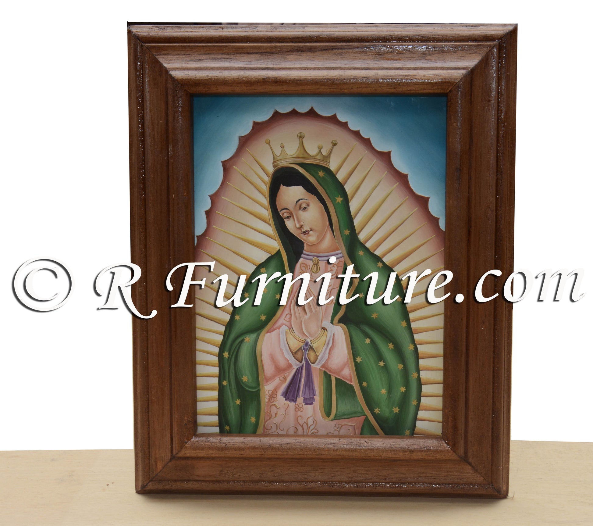 Hand painted Virgin of Guadalupe on wood panel with four mirrors depicting Juan Diego and Our Lady of Guadalupe, 13"W x 16"H