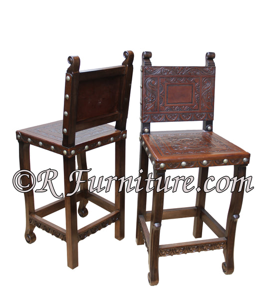 brown leather bar chair with tooled patterns and carved wooden legs, Spanish Colonial Revival style.