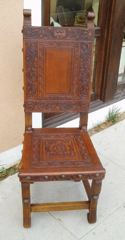 Spanish Colonial side chair with Ayacucho design hand tooled in leather - Made in Peru