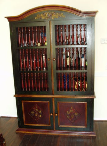 Old World Tuscan China Cabinet, Hand tooled leather cabinet in polychrome finish
