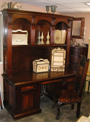 Old World Tuscan Column Desk with acanthus leaf, Leather panels