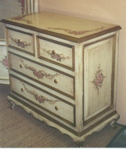 hand painted chest in antique white with roses and ribbin