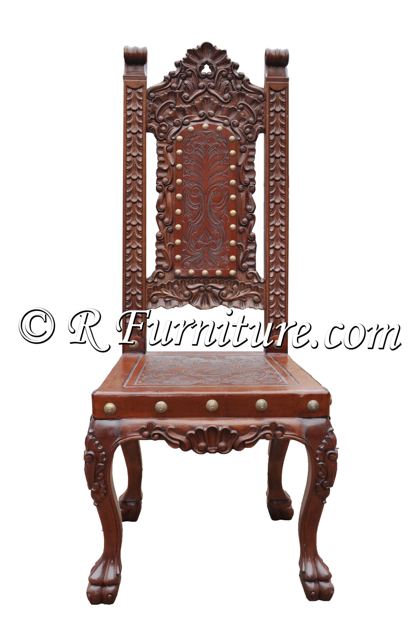 hand tooled leather chair - Isabellina Side chair  - Italian Revival style leather side chair with a hand tooled leather and carved wooden features.