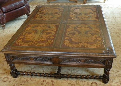 Italianate Coffee Table with Hand Carved leather panels and polychrome.