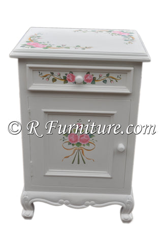 Nightstand, White with Pink Roses and Ribbon