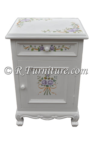 Nightstand, White with Lavender Roses and Ribbon