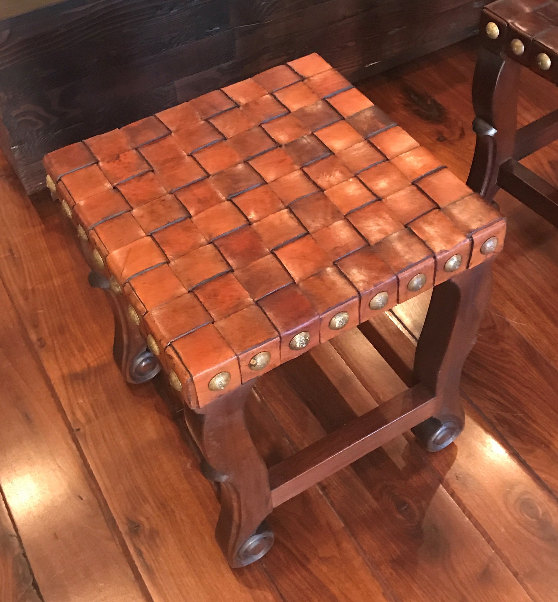 Spanish Colonial Stool Chestnut Woven Leather | R Furniture
